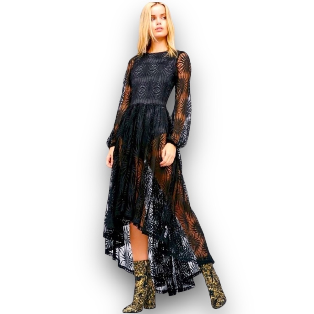Free People Black Sheer Lace High-Low Dress